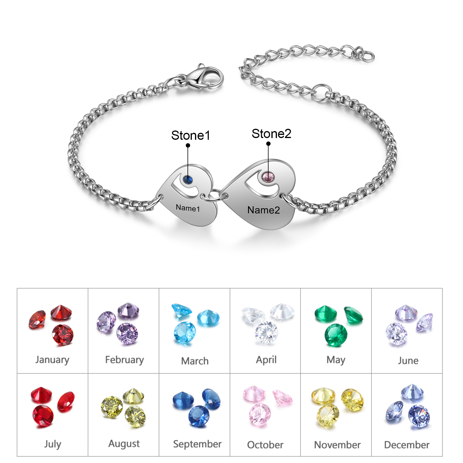 2 Names - Personalised Heart Bracelet Custom Names & Birthstones Family Bracelet Gifts for Her-Jessemade AU