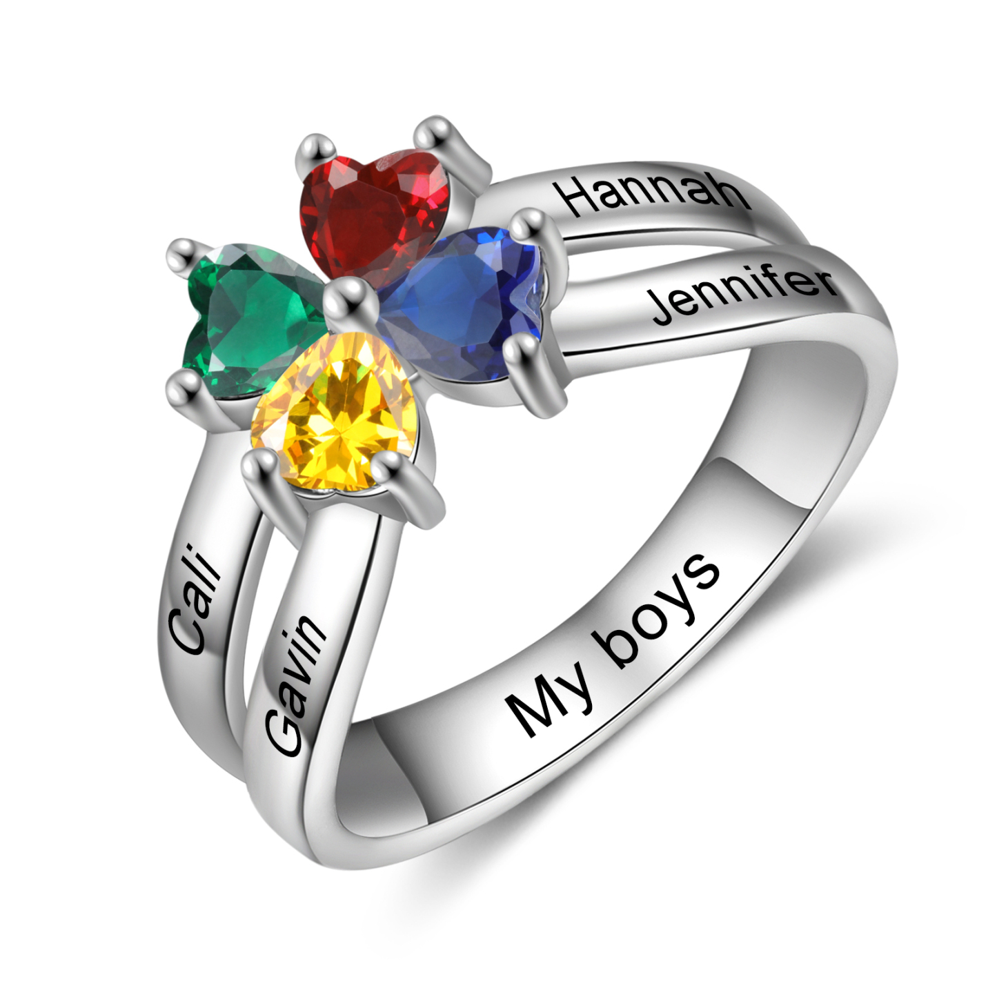 Personalised Ring With 4 Birthstones Engraved Names Ring Best Gift For Women-Jessemade AU