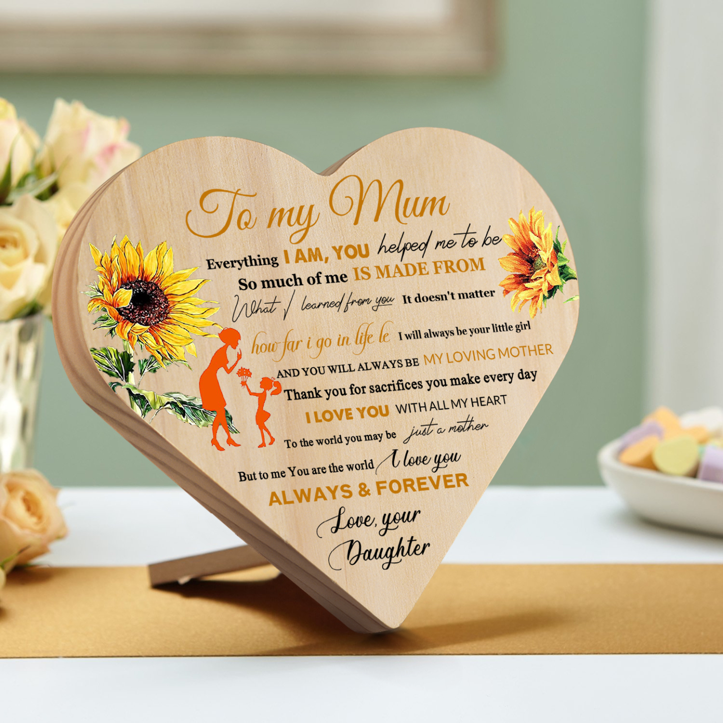 To My Mum "I Love You ALWAYS & FOREVER" Wooden Flowers Heart Keepsake Desktop Ornament-Jessemade AU