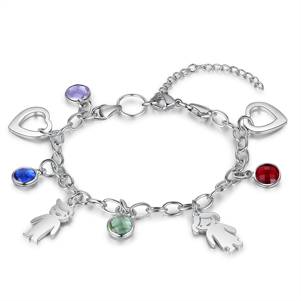 Personalised Kids Charm Bracelet With 3 Birthstones Engraved Names Bracelet Gift For Her-Jessemade AU