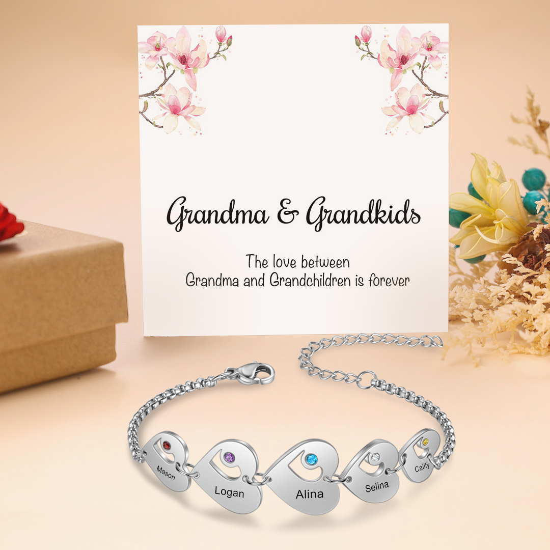 Personalised Heart Bracelet with Birthstones Custom 5 Names Family Bracelet Gifts for Her-Jessemade AU