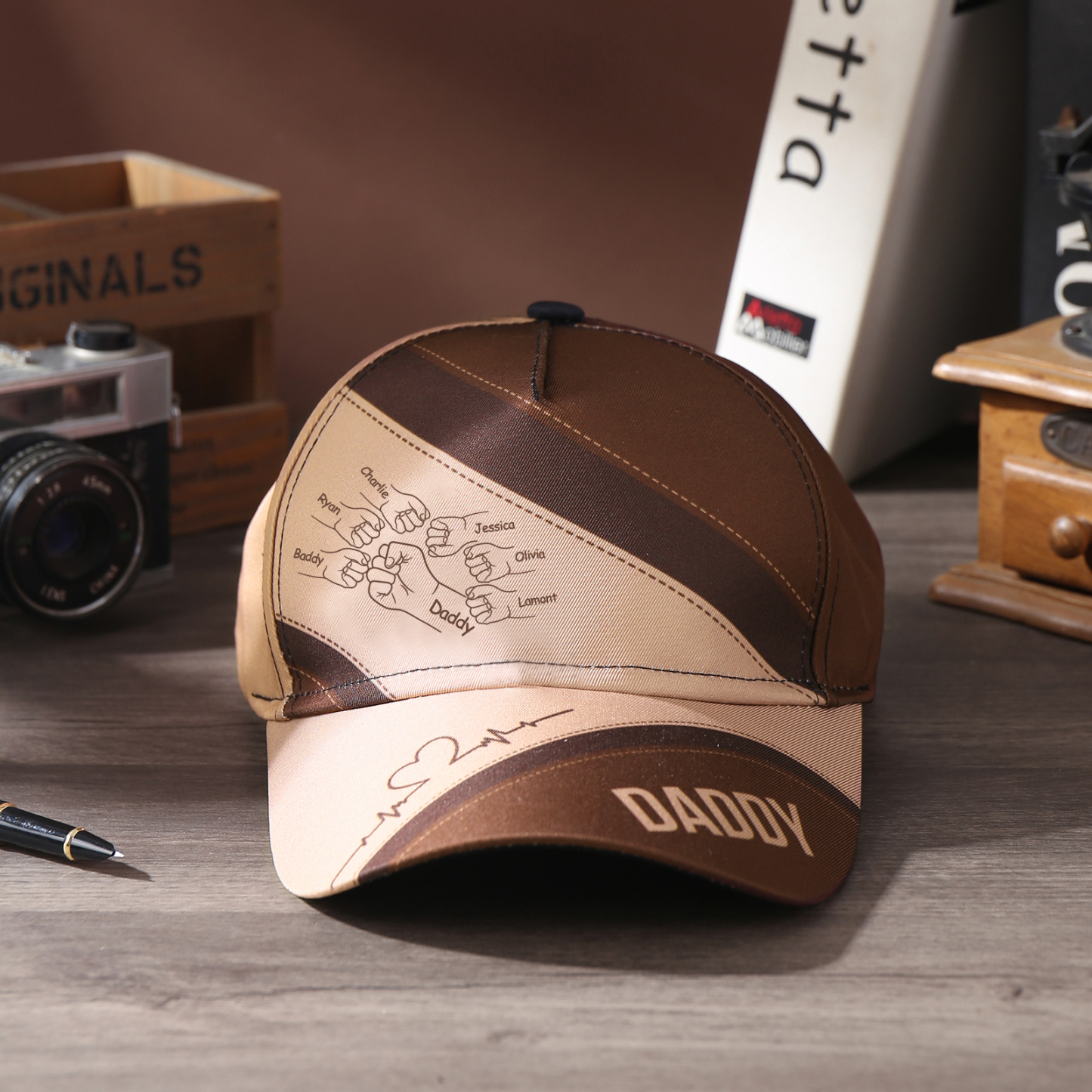 Personalised Fist Bump Classical Baseball Cap Custom 7 Names & 1 Text Snapback Adjustable Gift for Dad/Grandpa/Husband-Jessemade AU