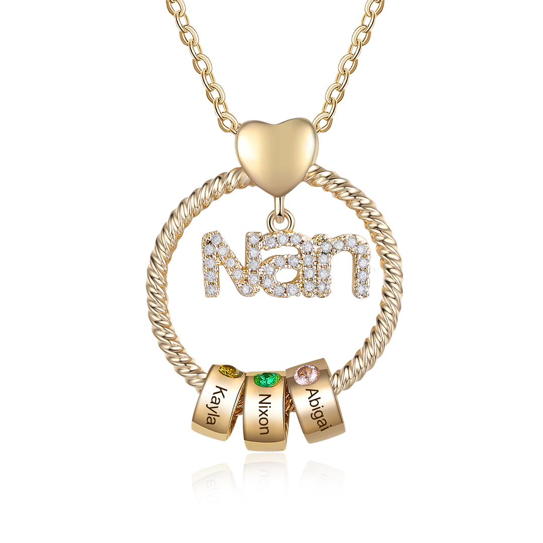 3 Names - Personalised Nan Necklace Custom Names & Birthstones Circle Pendant Necklace Gift for Grandma Nanna