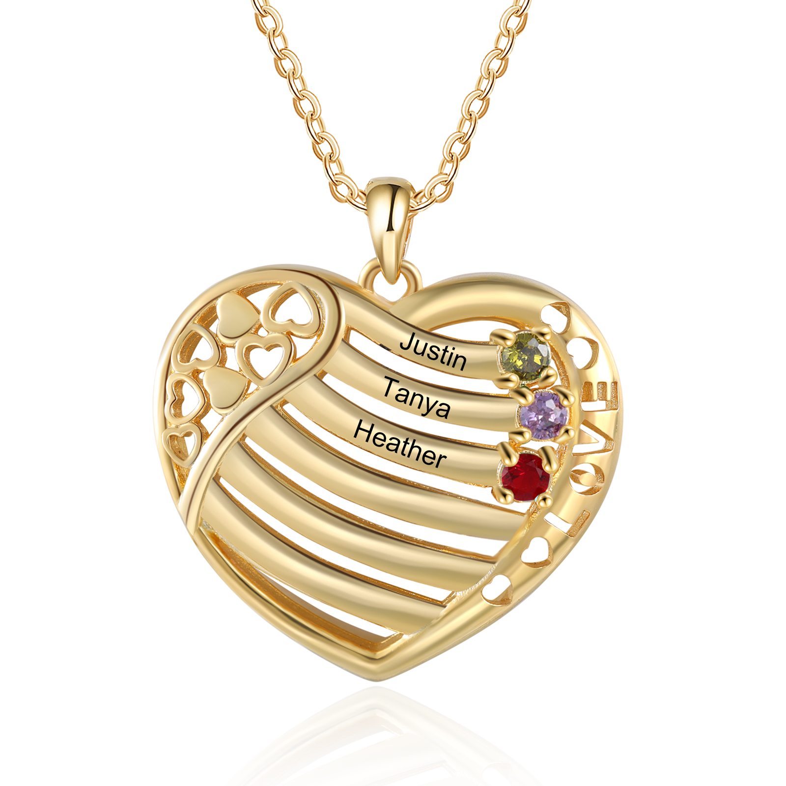 LOVE Heart Necklace Custom 3 Names & Birthstones Family Necklace Gifts For Her-Jessemade AU