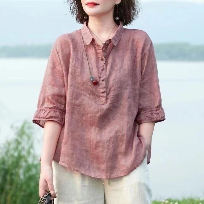 여성 벌룬 소매 면마 블라우스 
