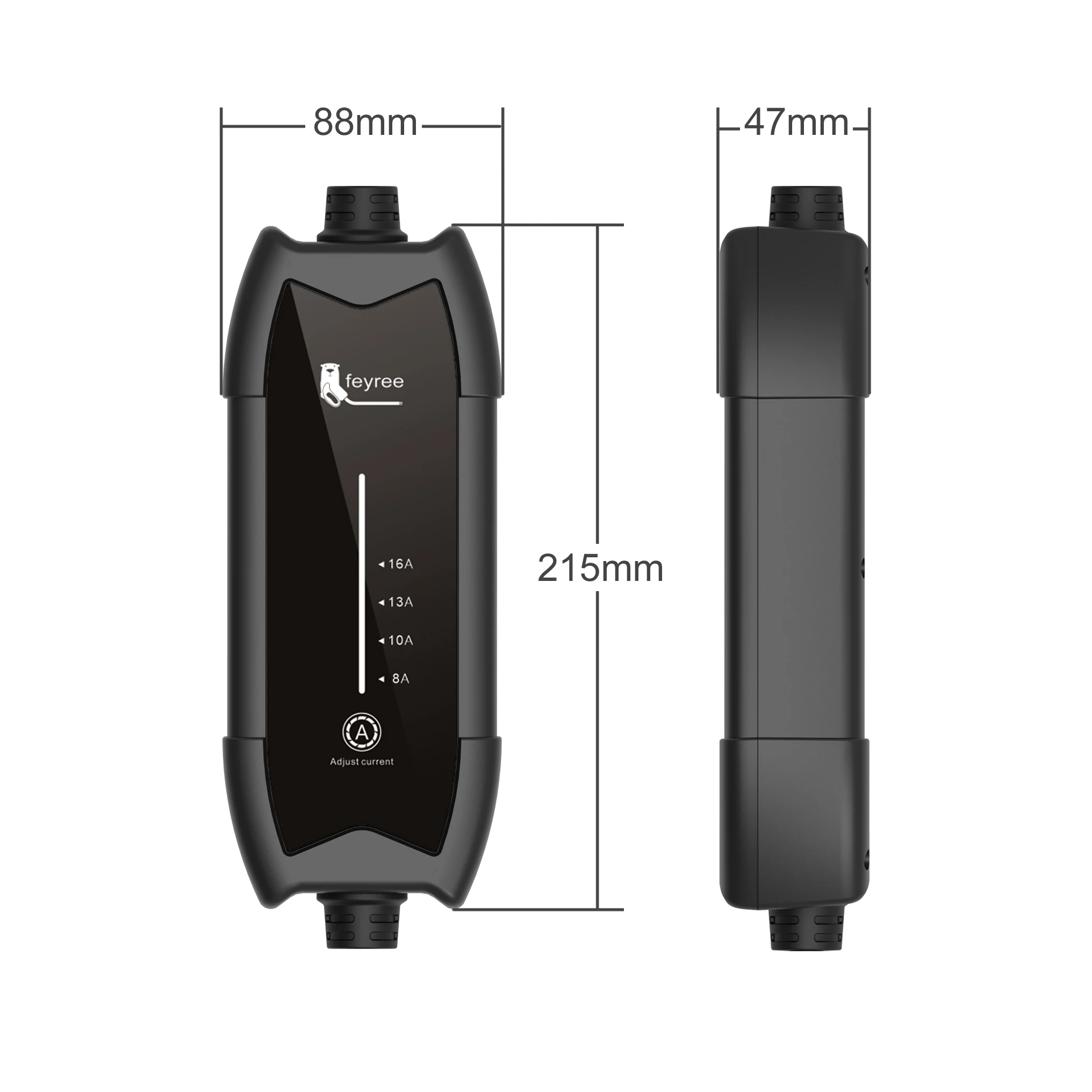 Compact portable EV charger size 215mm x 88mm x 47mm fits in car or luggage