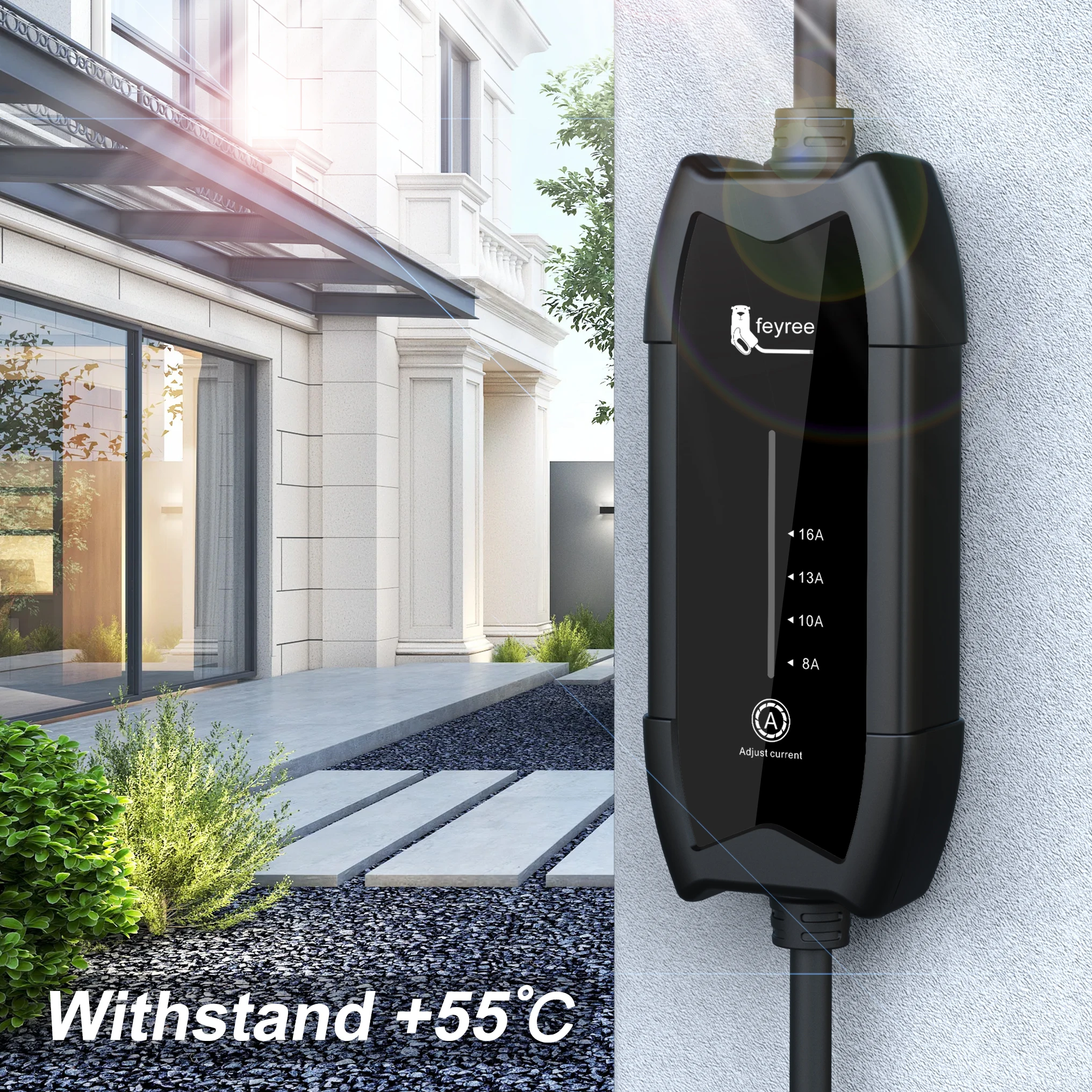 Portable EV charger high temperature resistance rated up to +55&deg;C outdoor use