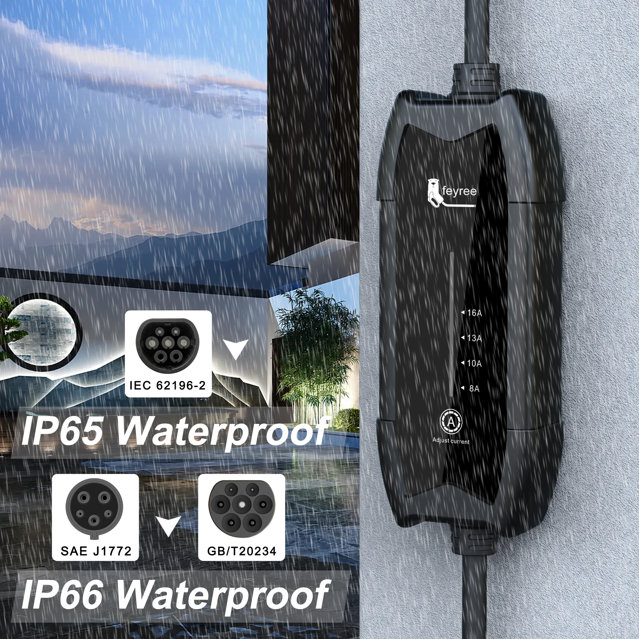 IP66 waterproof portable EV charger all-weather outdoor rain protection