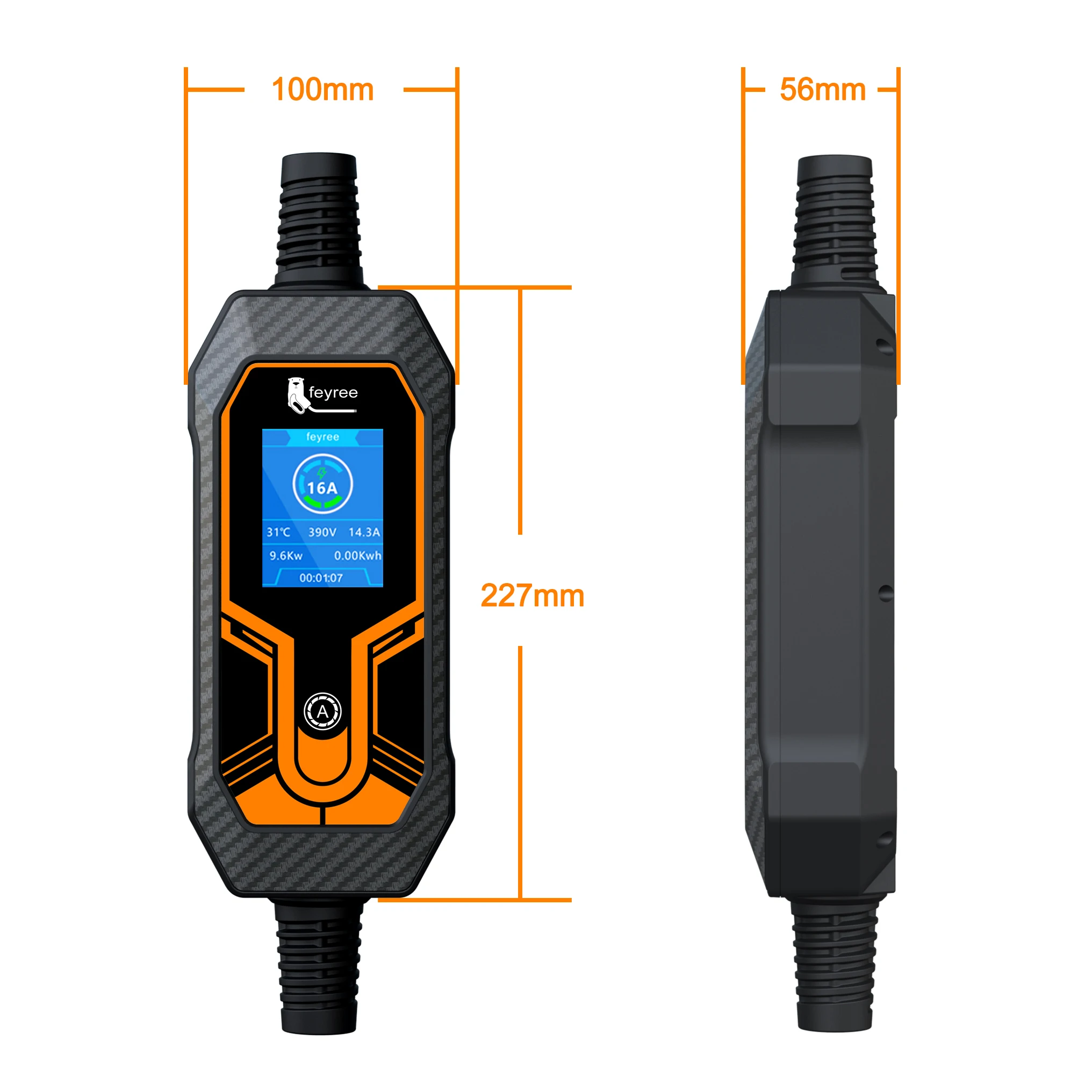  Durable, compact portable EV charger control box, 227mm x 100mm, with a clear 16A display for reliable travel charging.