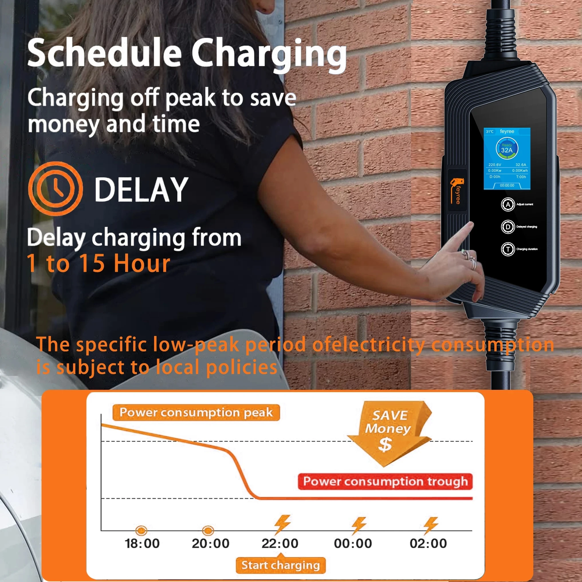 Optimize your EV charging and save money! This image illustrates our smart charger's scheduling feature, allowing you to delay charging for 1 to 15 hours. Take advantage of Japan's off-peak electricity rates to cut costs. Click to learn how to save money and time!