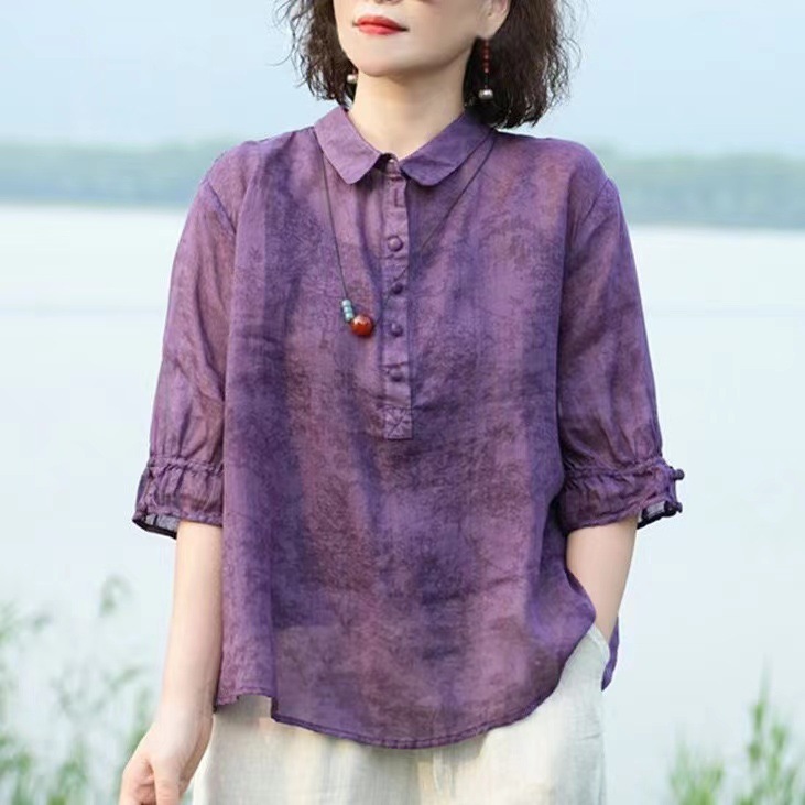女士顯瘦遮肉提花棉麻襯衫