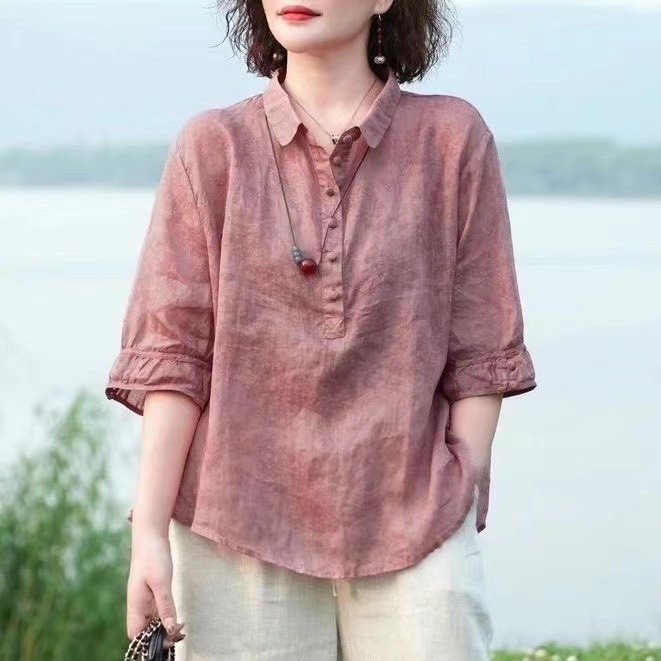 女士顯瘦遮肉提花棉麻襯衫