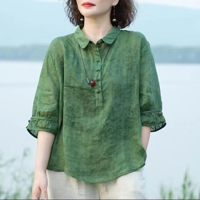 女士顯瘦遮肉提花棉麻襯衫