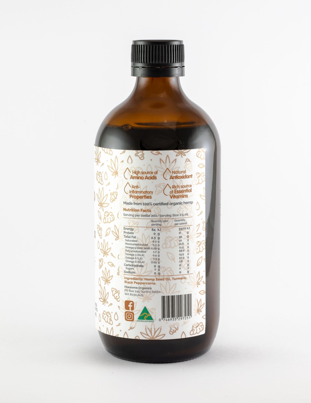 Pawsome Organics Certified Organic Hemp Oil and Turmeric 500ml-Peti