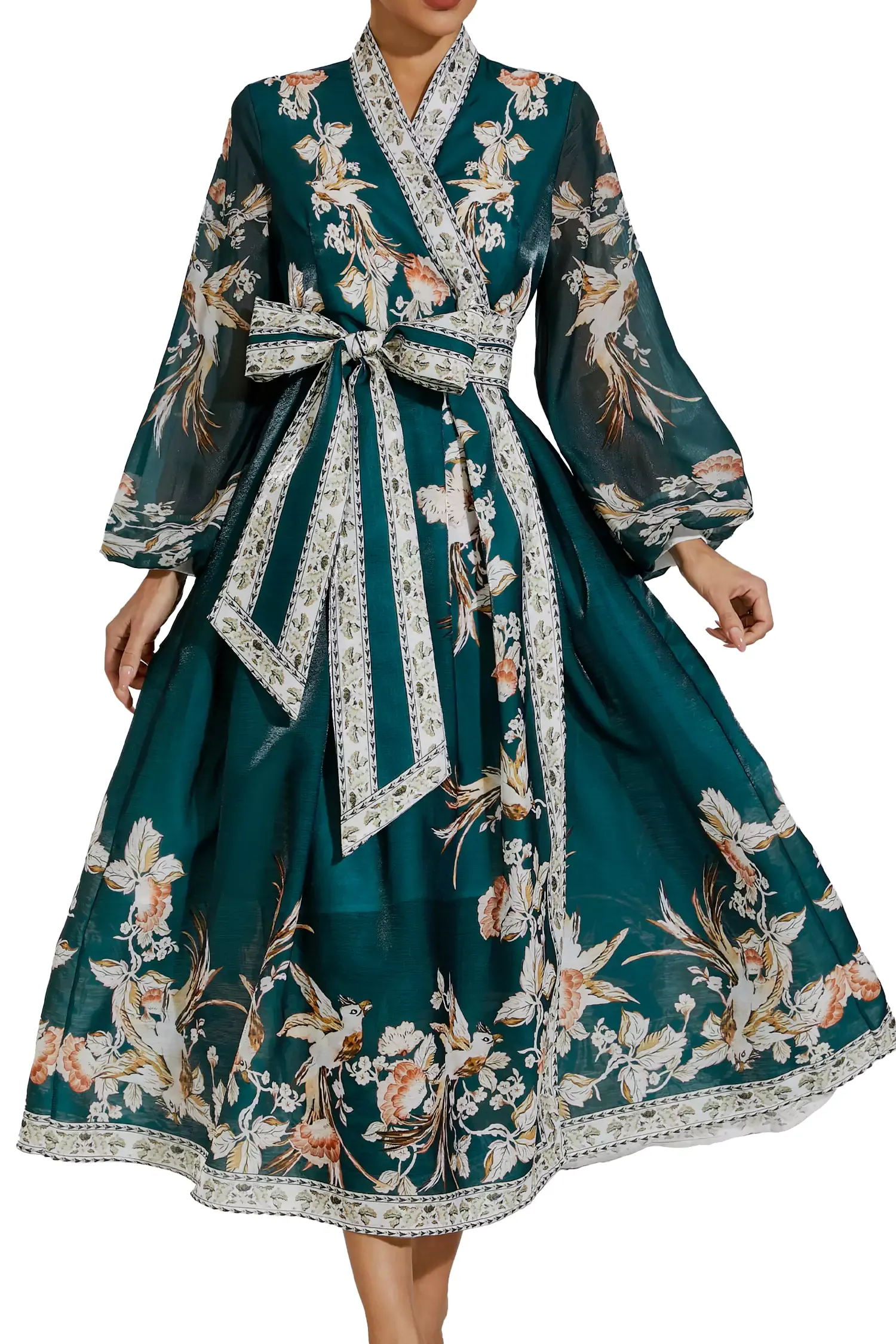 Olga Green Floral Belted Long Sleeve Dress