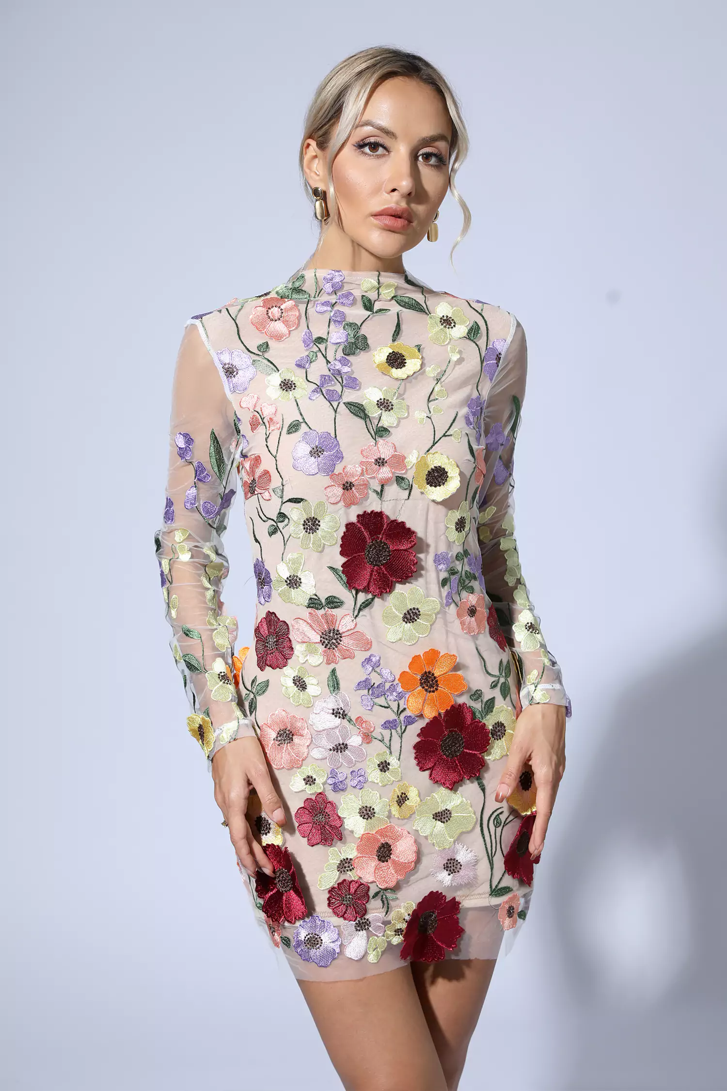 Evan Flesh Pink Floral Embroidery Mini Dress