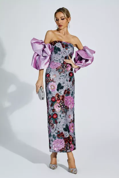 Doris Purple Flower Embellishment Dress