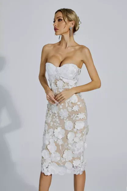 Bradley White Lace Flower Off-shoulder Dress