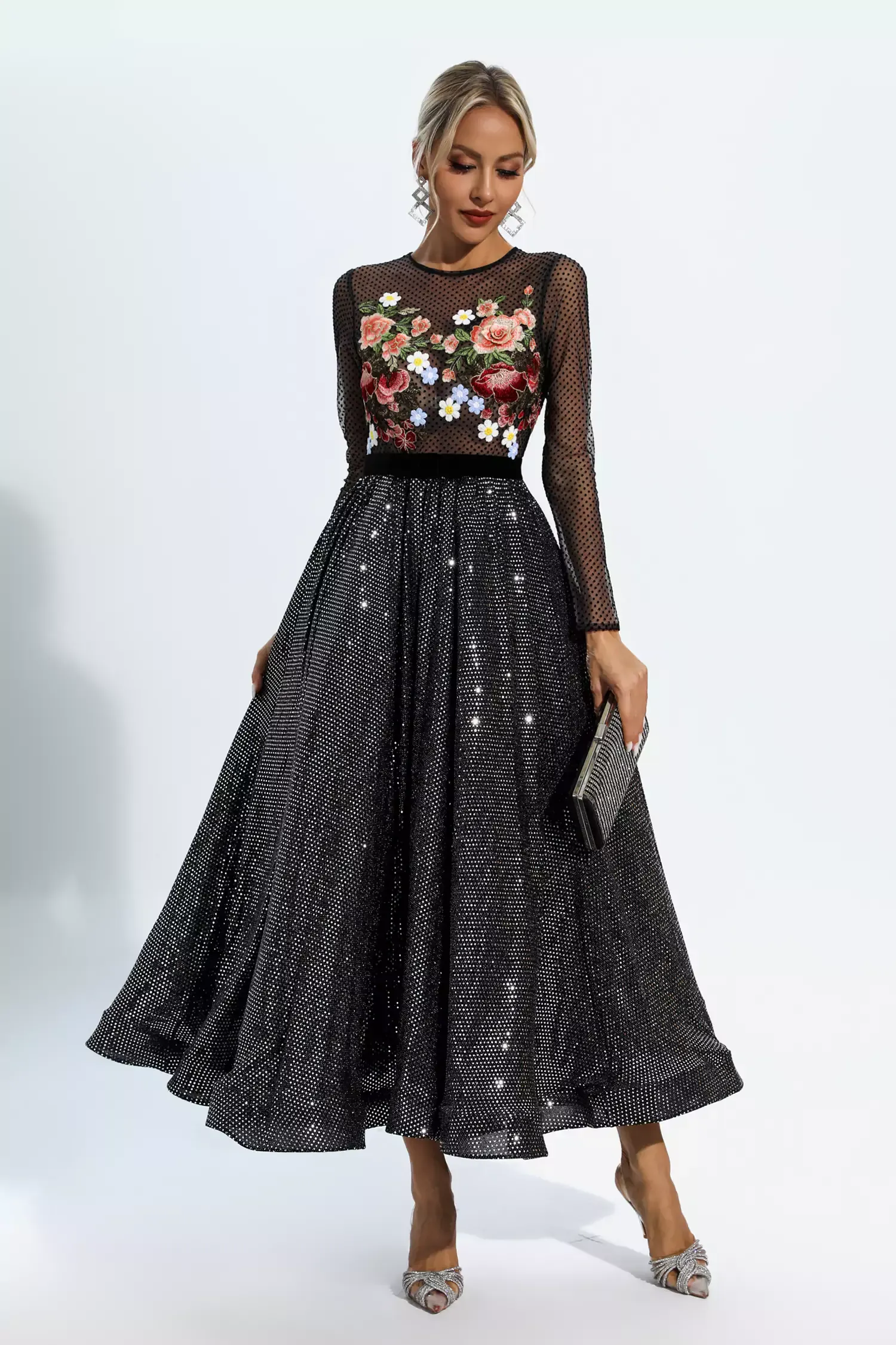Derrick Black Floral Embroidery Maxi Dress