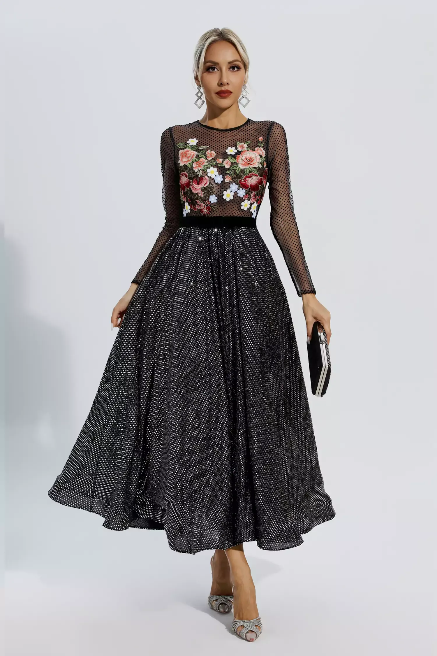 Derrick Black Floral Embroidery Maxi Dress