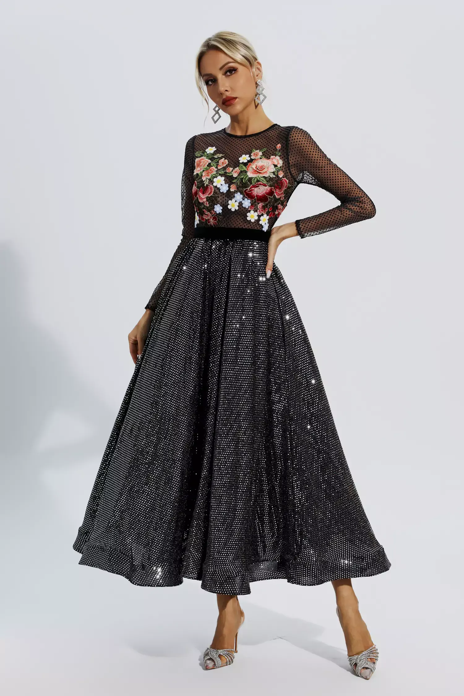 Derrick Black Floral Embroidery Maxi Dress