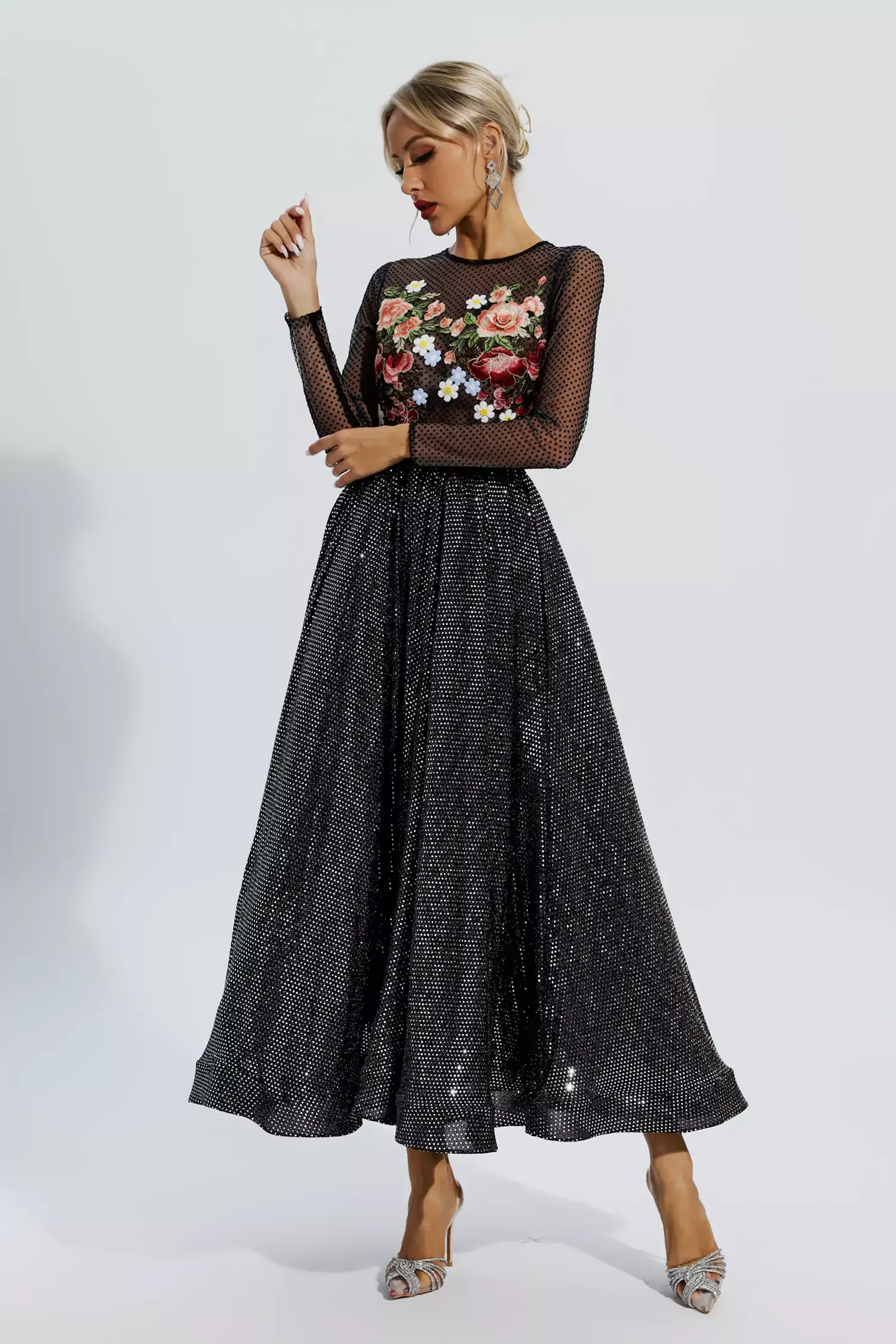 Derrick Black Floral Embroidery Maxi Dress