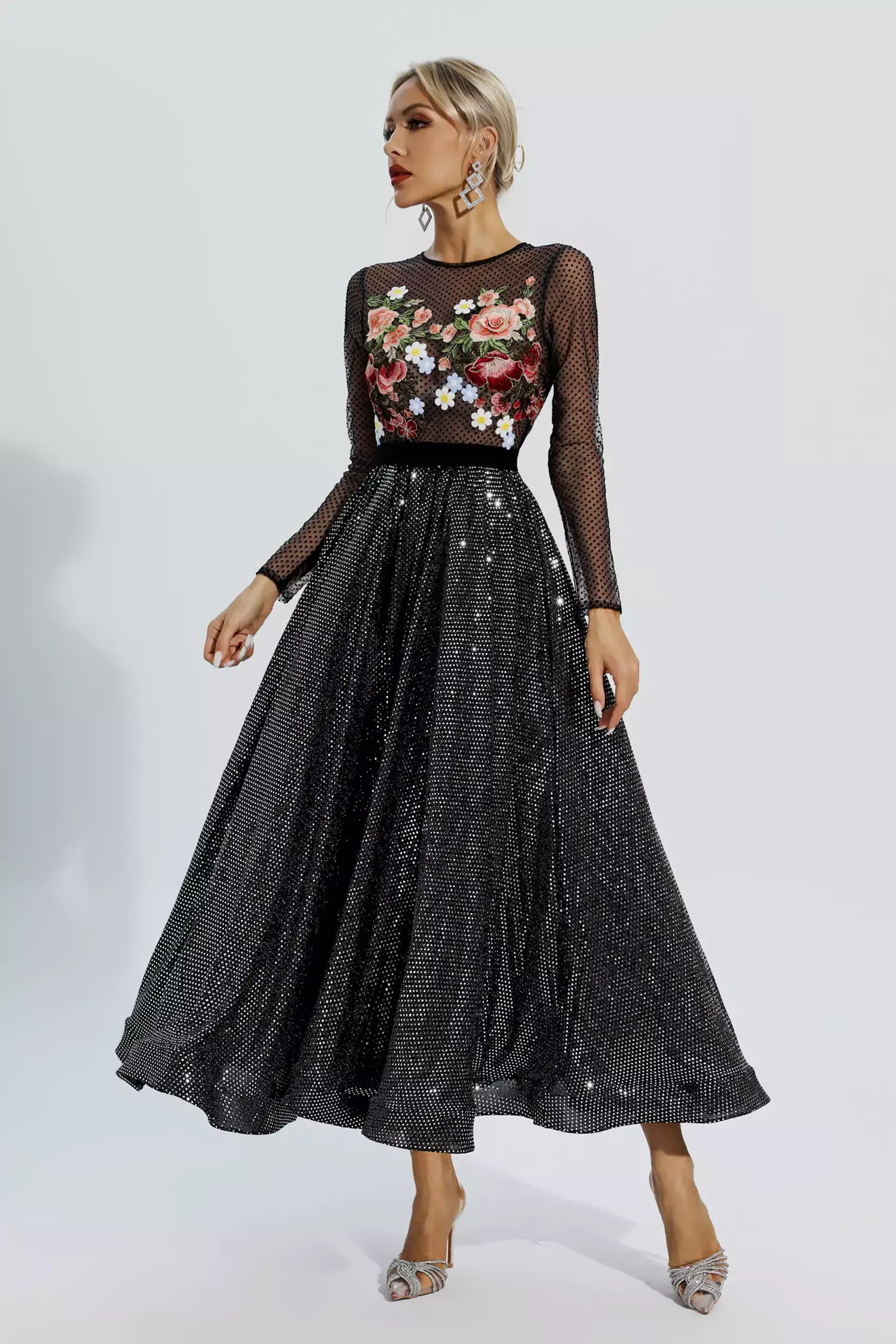 Derrick Black Floral Embroidery Maxi Dress