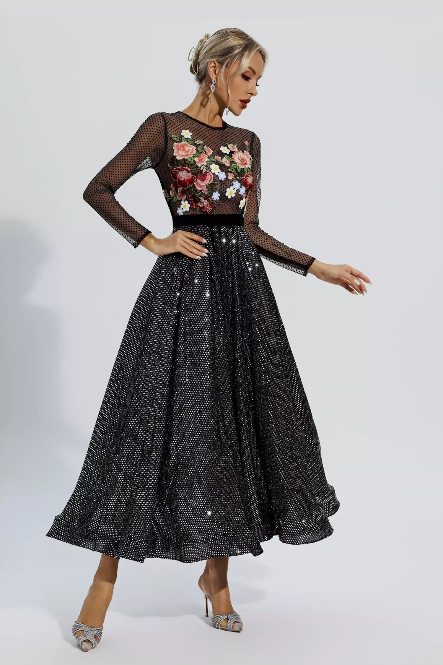 Derrick Black Floral Embroidery Maxi Dress