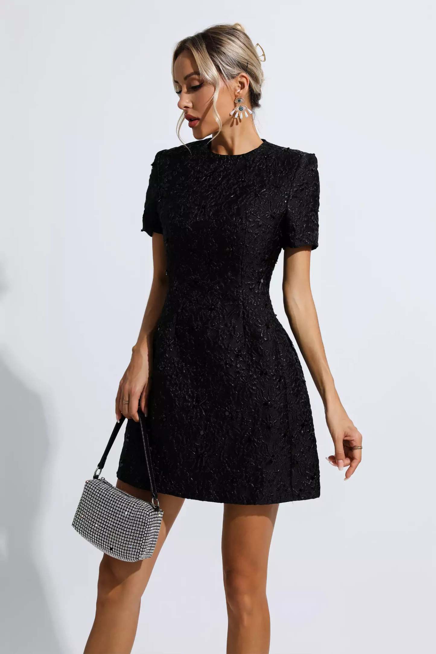 Pitman Black Jacquard Floral Mini Dress