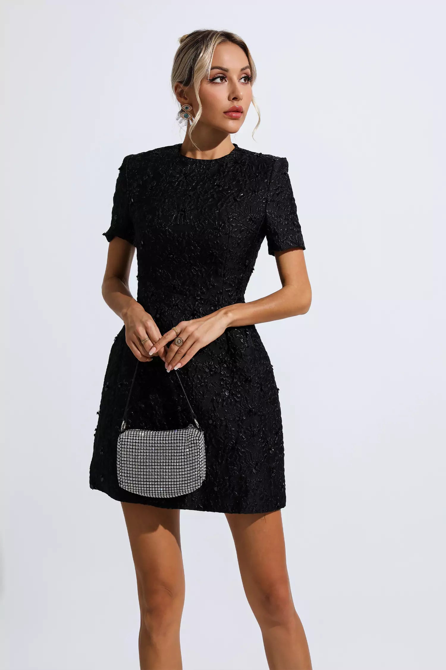 Pitman Black Jacquard Floral Mini Dress