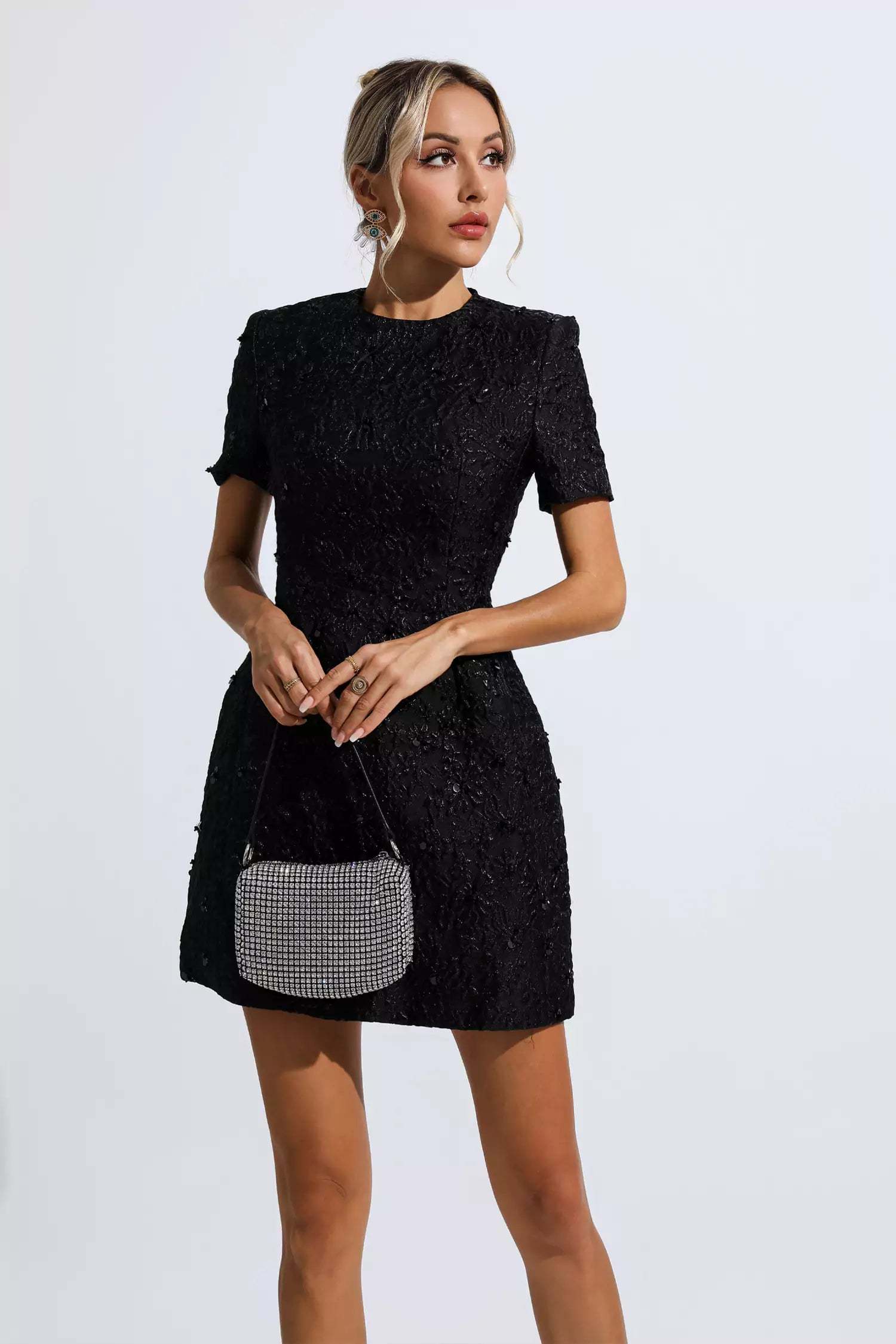 Pitman Black Jacquard Floral Mini Dress