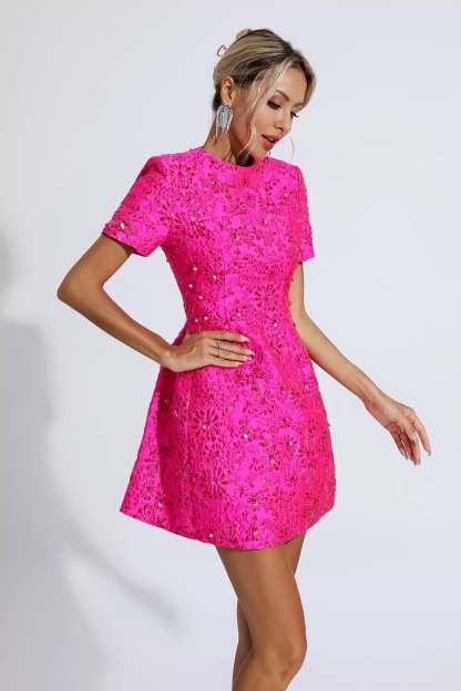 Pitman Pink Jacquard Floral Mini Dress