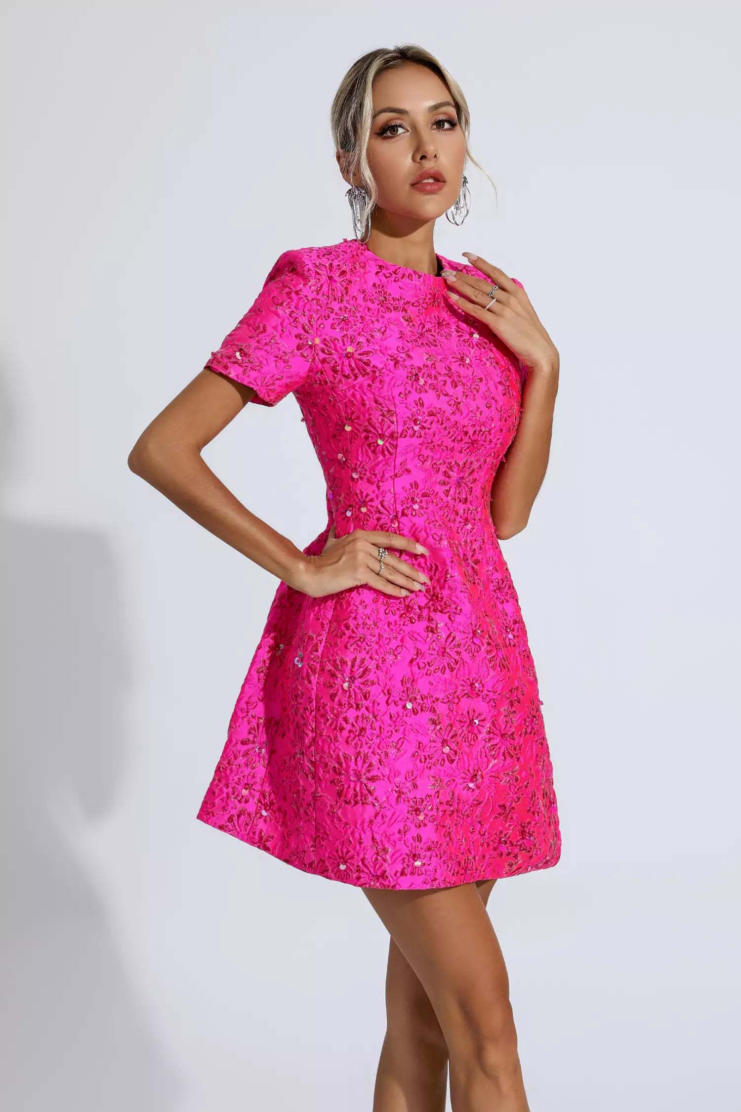 Pitman Pink Jacquard Floral Mini Dress