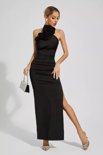 Arnold Black Floral Ruched Halter Maxi Dress