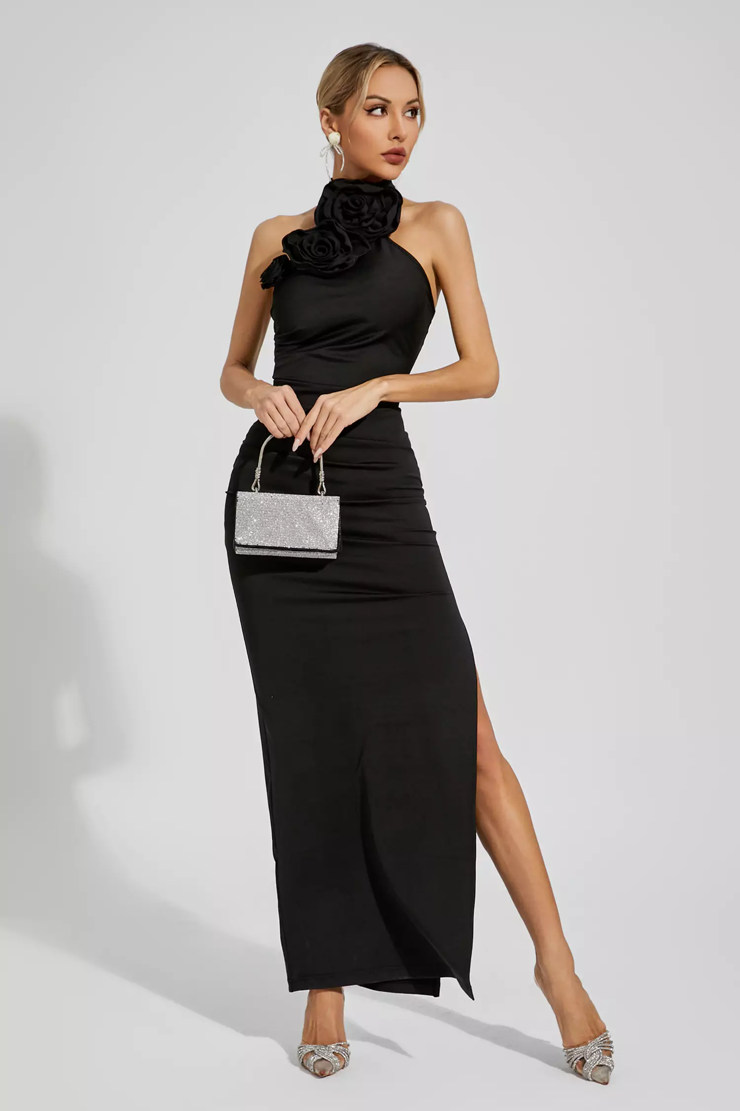Arnold Black Floral Ruched Halter Maxi Dress