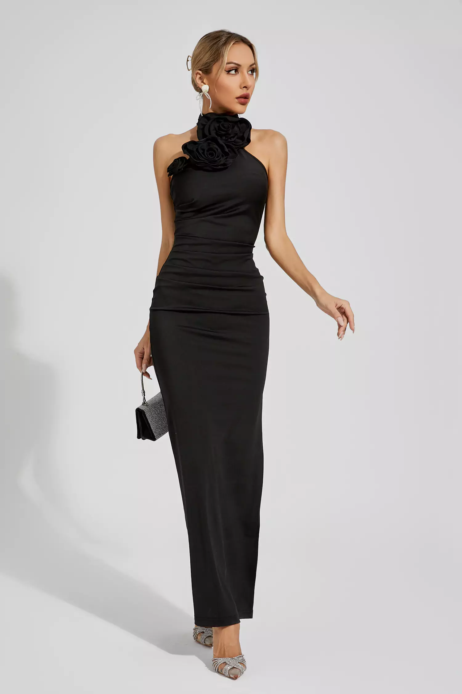 Arnold Black Floral Ruched Halter Maxi Dress