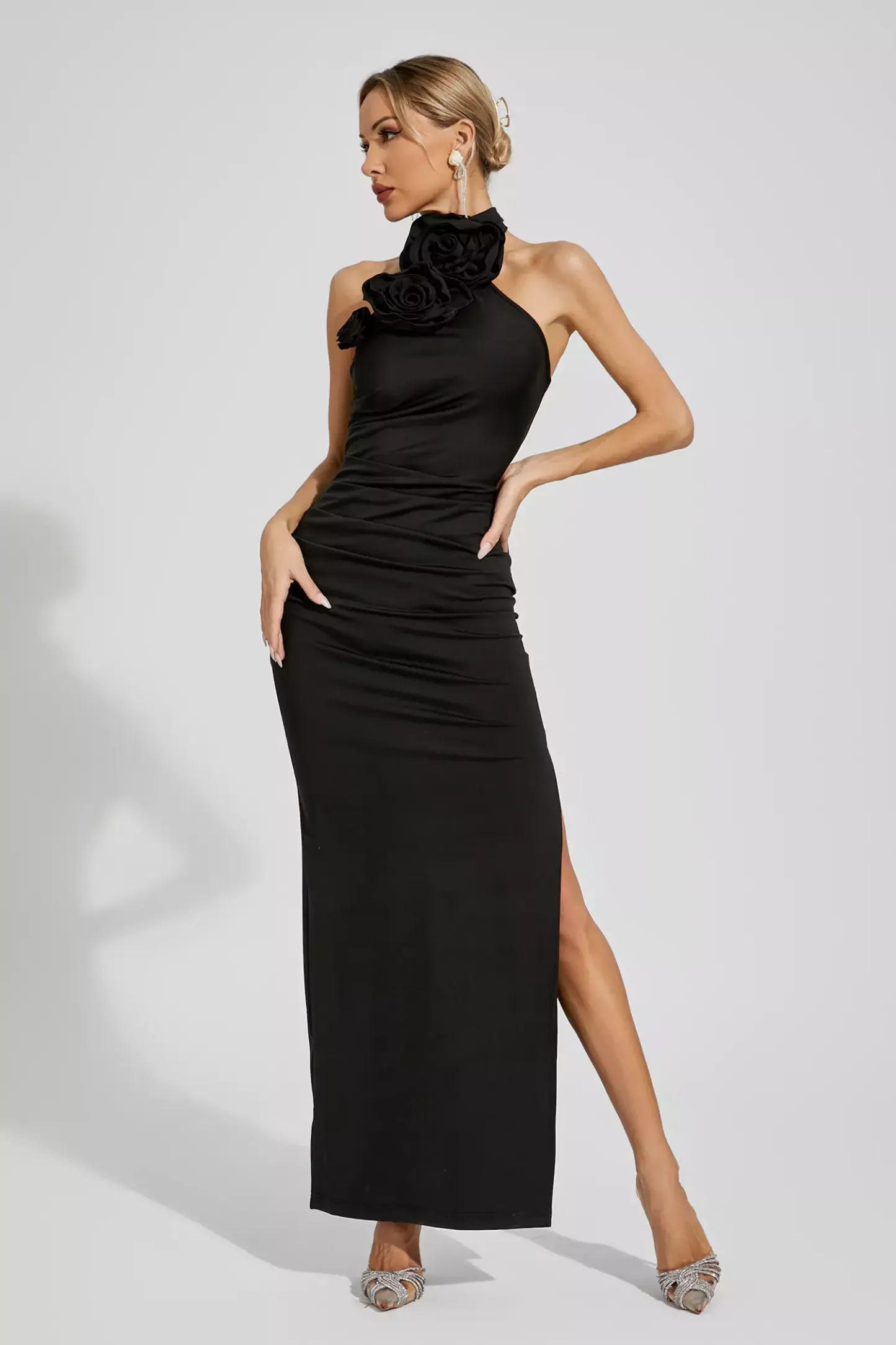 Arnold Black Floral Ruched Halter Maxi Dress