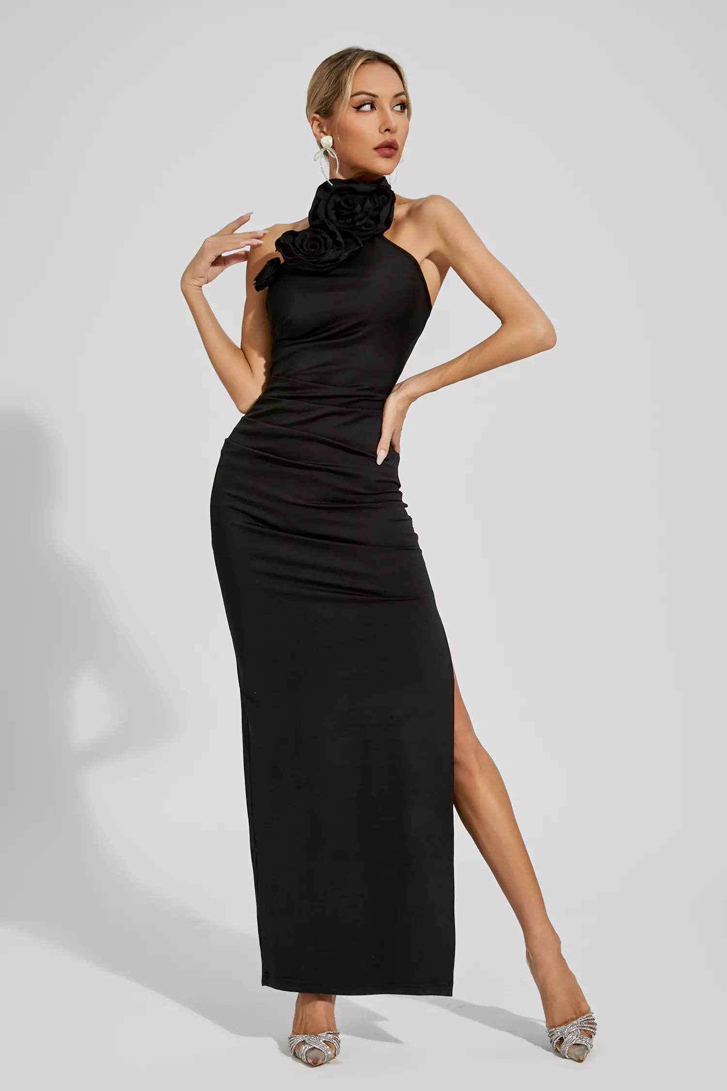 Arnold Black Floral Ruched Halter Maxi Dress