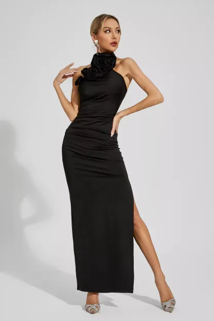 Arnold Black Floral Ruched Halter Maxi Dress