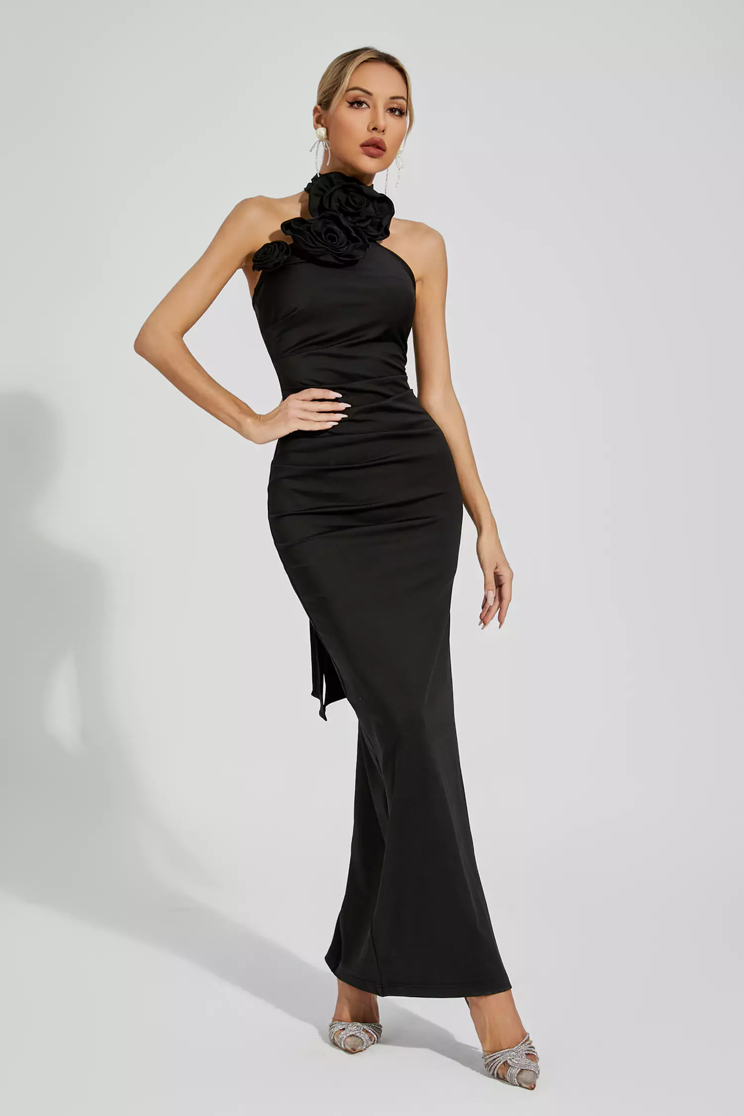 Arnold Black Floral Ruched Halter Maxi Dress