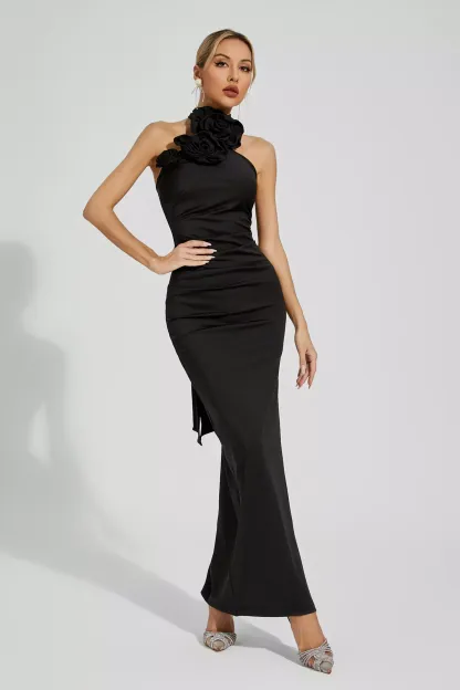 Arnold Black Floral Ruched Halter Maxi Dress