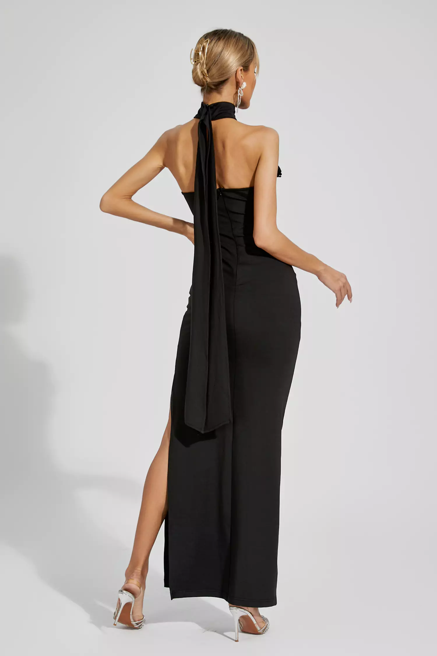Arnold Black Floral Ruched Halter Maxi Dress