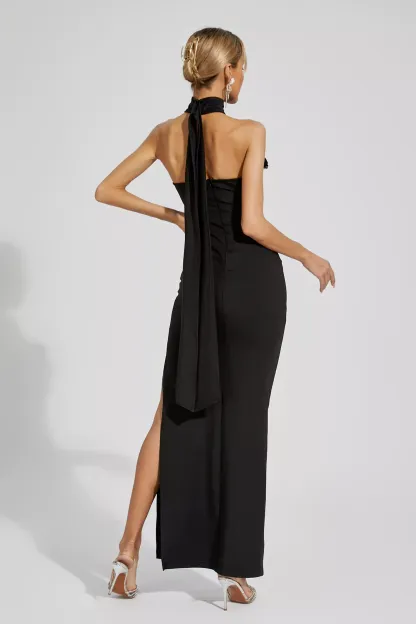 Arnold Black Floral Ruched Halter Maxi Dress