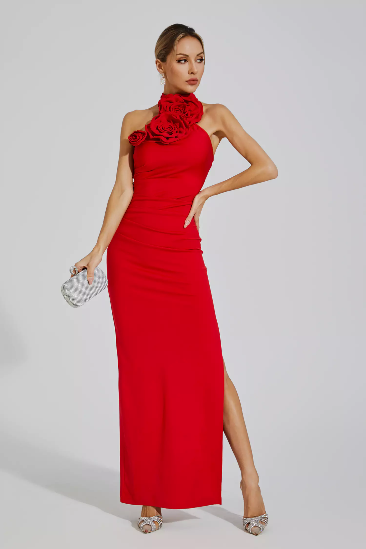 Arnold Red Floral Ruched Halter Maxi Dress