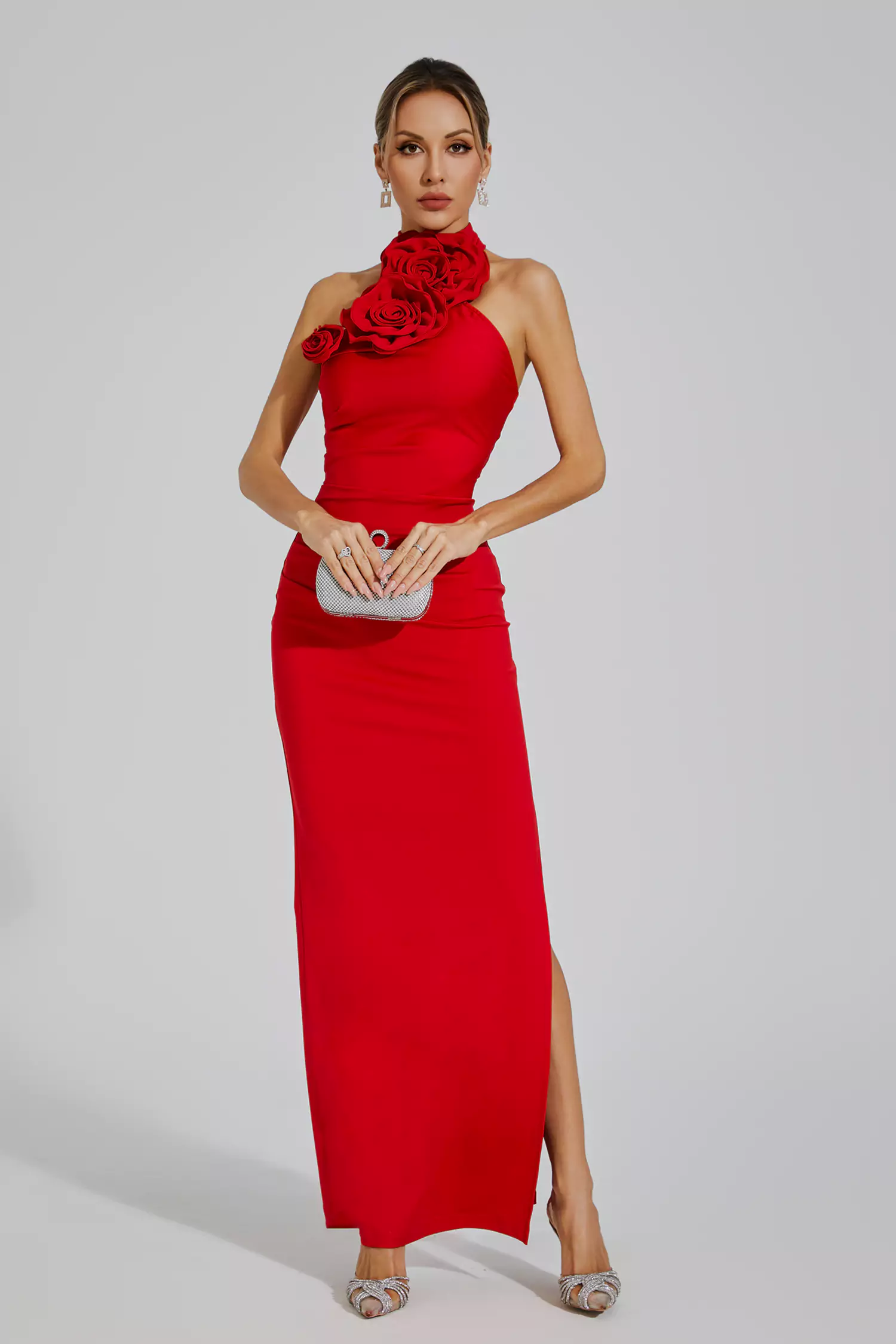 Arnold Red Floral Ruched Halter Maxi Dress