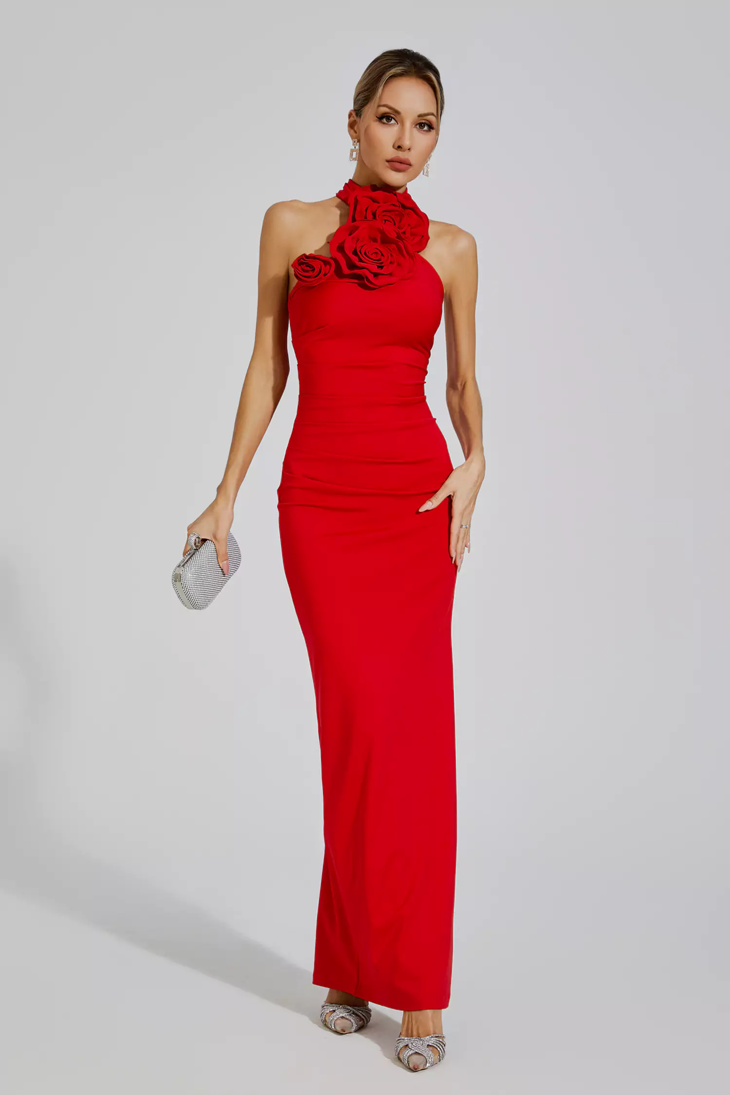 Arnold Red Floral Ruched Halter Maxi Dress