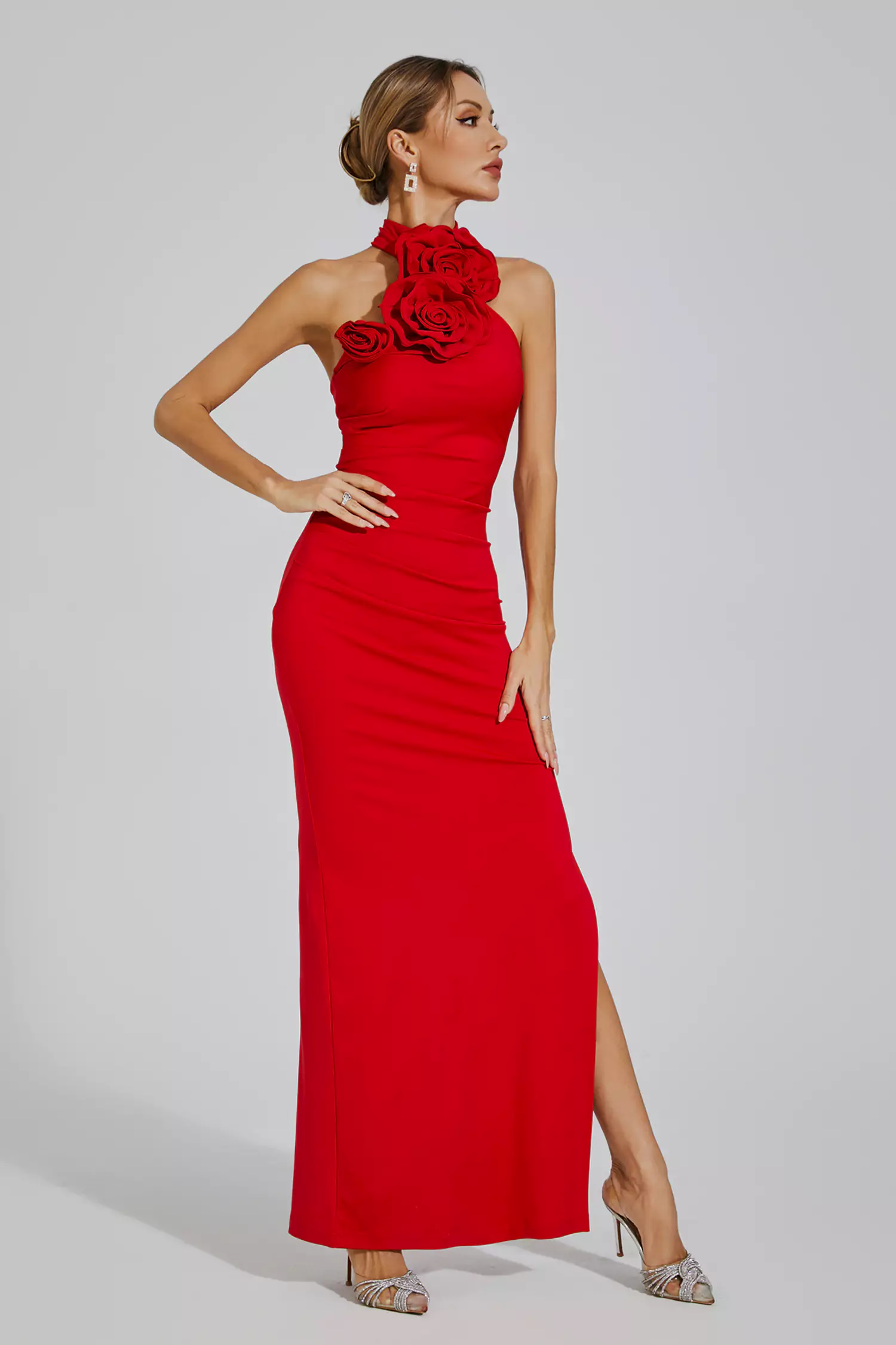 Arnold Red Floral Ruched Halter Maxi Dress