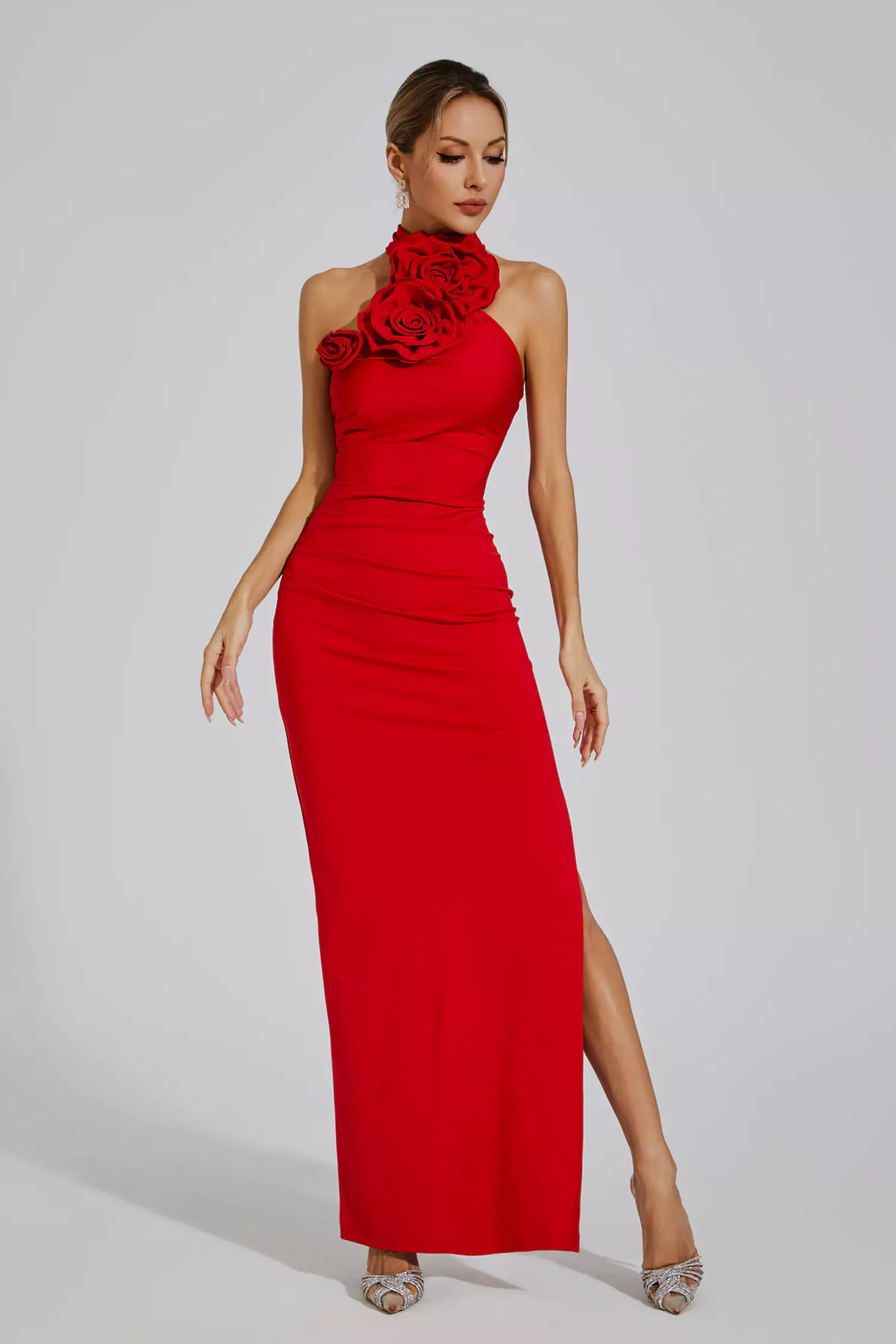 Arnold Red Floral Ruched Halter Maxi Dress