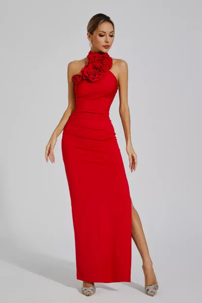 Arnold Red Floral Ruched Halter Maxi Dress