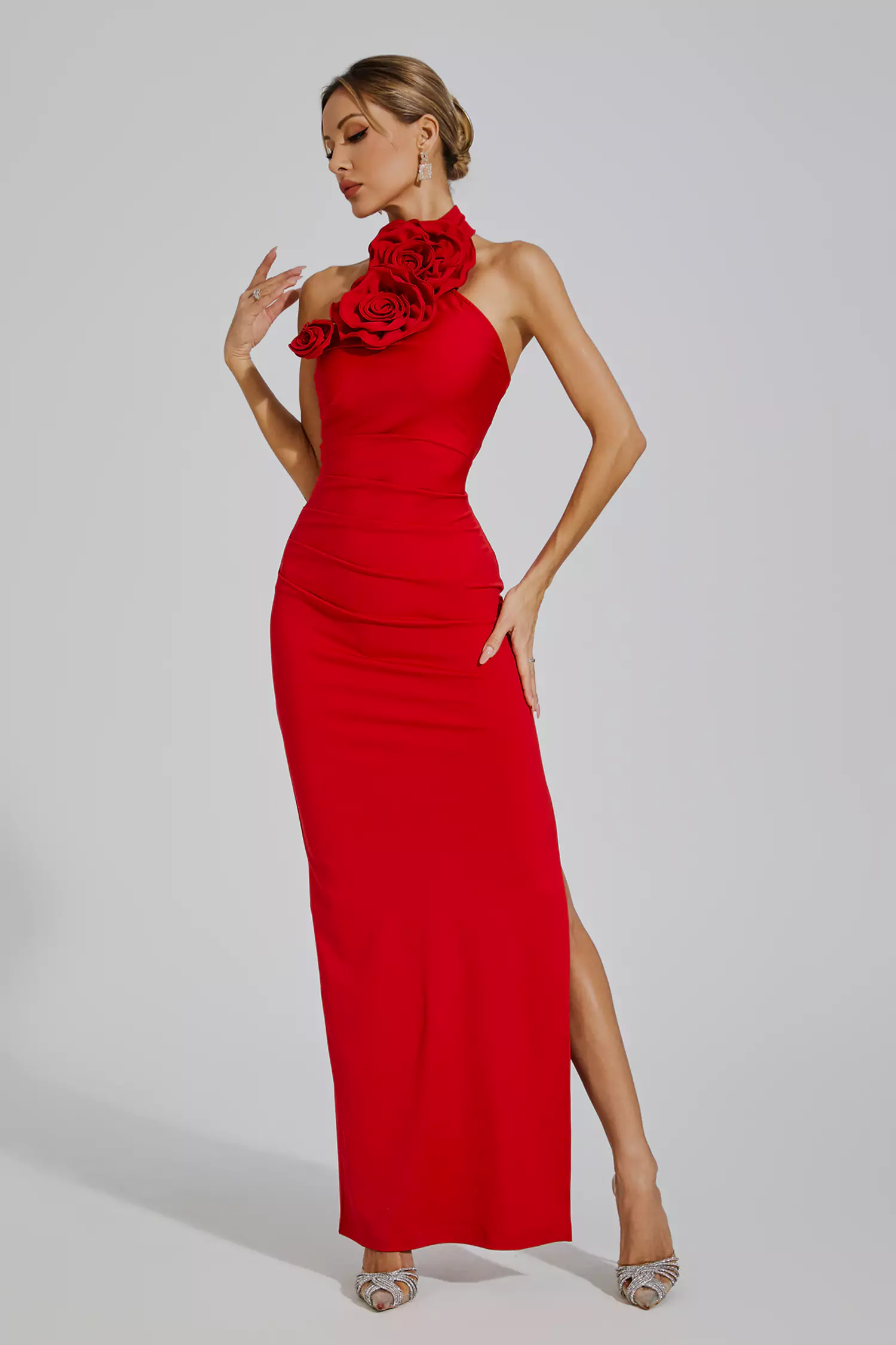 Arnold Red Floral Ruched Halter Maxi Dress